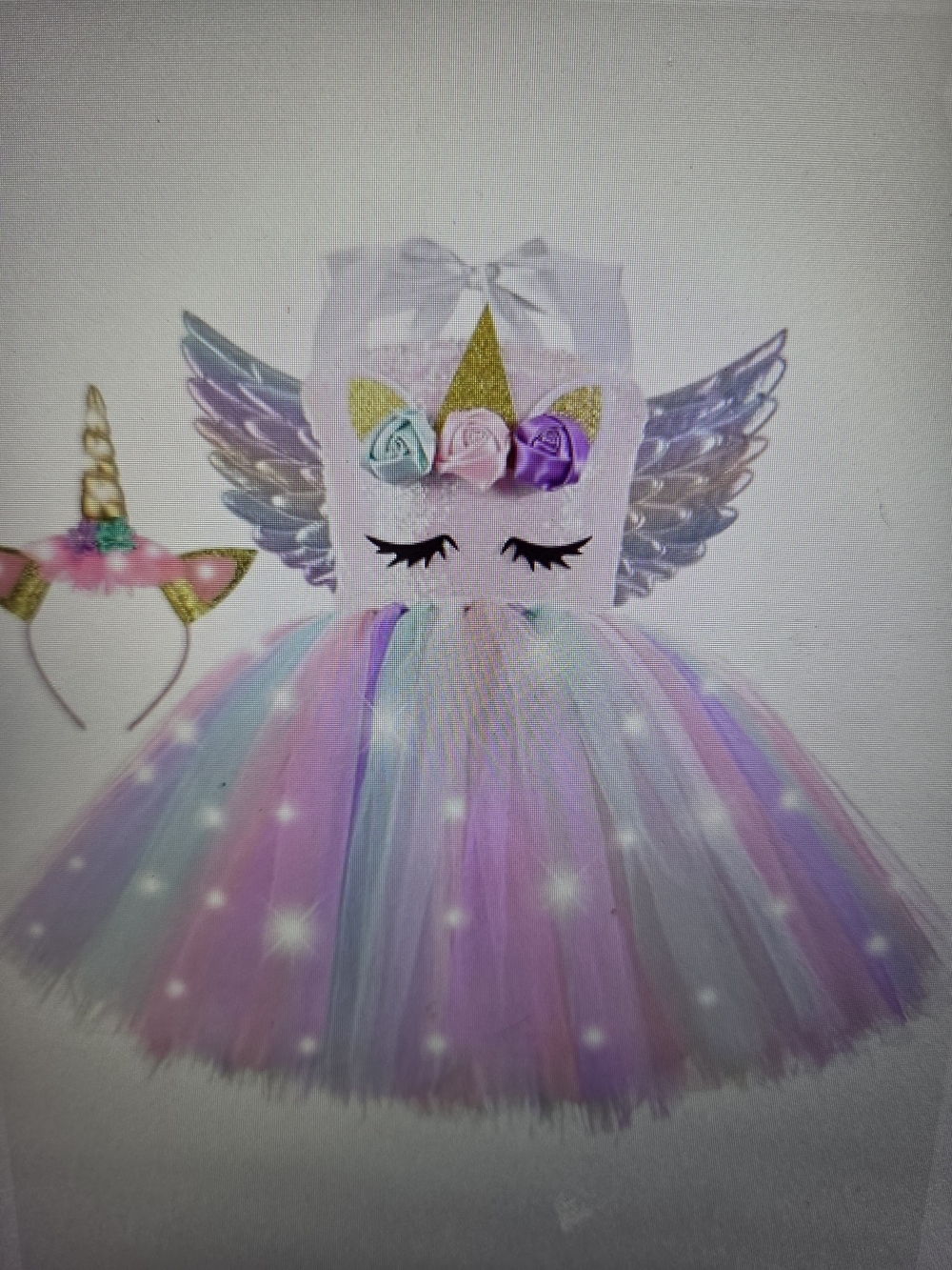 Light Up Girls Unicorn Pastel Tulle Costume Dress w/ Wings & Headband, 4T